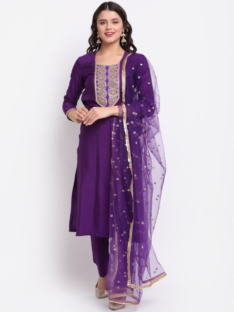

anokherang Women Purple Yoke Design Sequinned Kurta with Trousers & With Dupatta