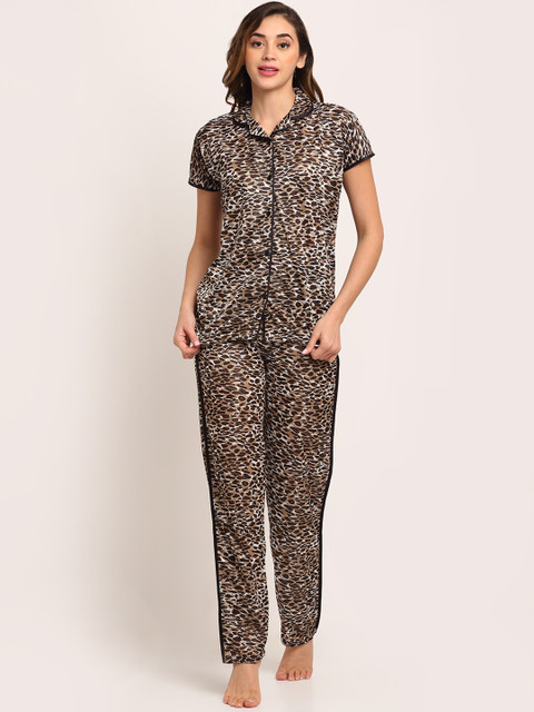 

Sidwa Women Brown & Beige Animal Printed Satin Night Suit