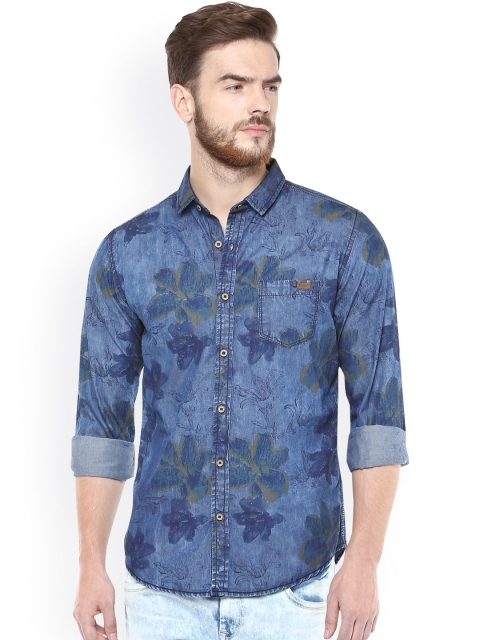 

Mufti Men Blue Chambray Slim Fit Printed Casual Shirt