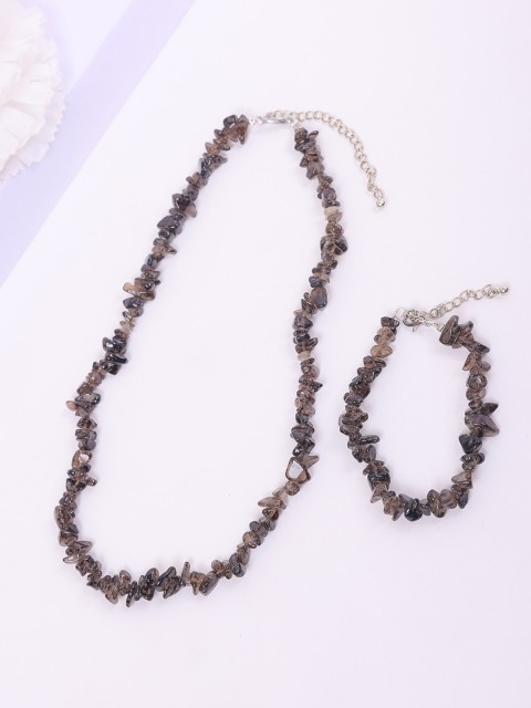 

DIVA WALK Silver-Plated Brown Uncut Smoky Quartz-Beaded Jewellery Set