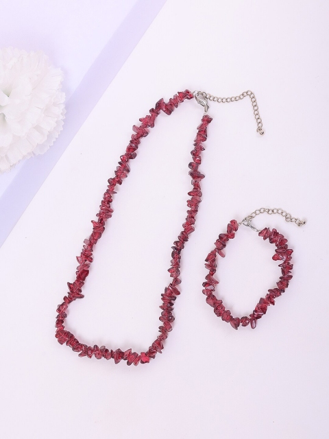 

DIVA WALK Silver-Plated & Red Agate Stone-Studded Necklace & Bracelet Set
