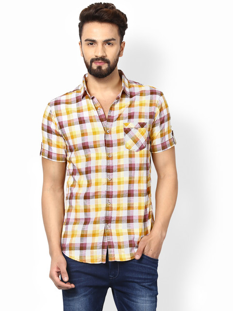 

Mufti Men White & Yellow Slim Fit Checked Casual Shirt