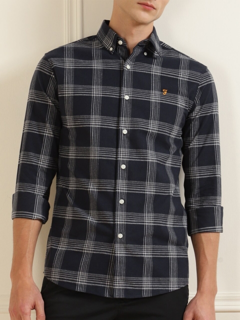 

Farah Men Navy Blue Regular Fit Grid Tattersall Checked Cotton Casual Shirt