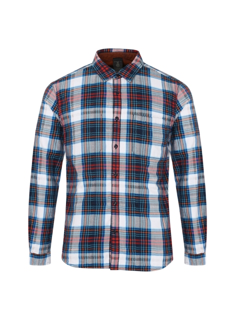 

JOHN VARVATOS Men Navy Blue Regular Fit Tartan Checks Cotton Checked Casual Shirt