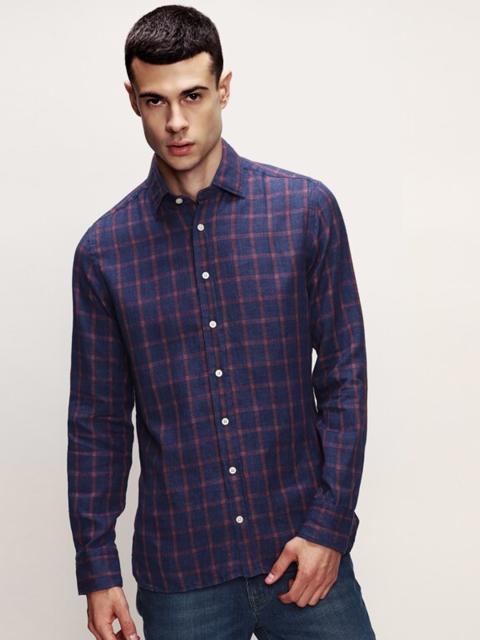 

HACKETT LONDON Men Navy Blue & Brown Grid Tattersall Checks Checked Cotton Casual Shirt