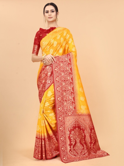 

SATYAM WEAVES Yellow & Red Ethnic Motifs Zari Silk Cotton Banarasi Saree