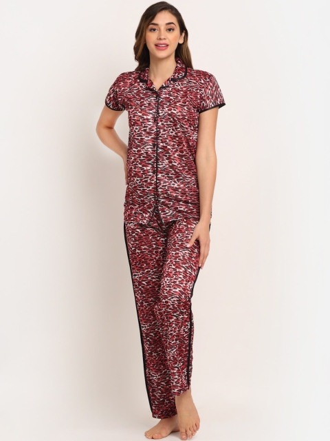 

Sidwa Women Maroon Leopard Printed Satin Night Suits