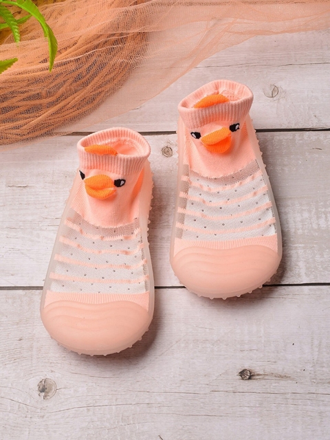 

POPLINS Kids Pink & Orange Patterned Anti Skid Rubber Sole Ankle Length Socks