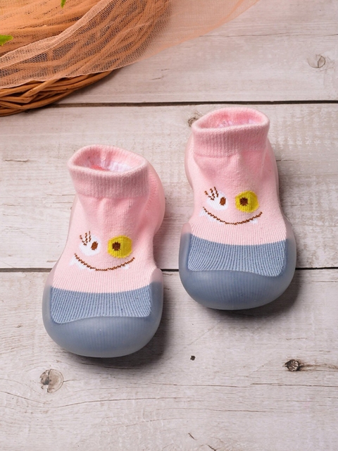 

POPLINS Infant Kids Pink & Blue Patterned Anti Skid Rubber Sole Ankle Length Socks