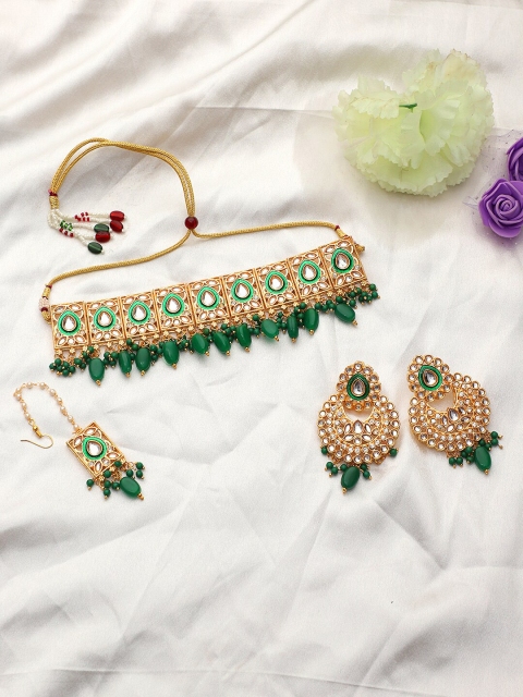 

STEORRA JEWELS Gold-Plated Green & White Kundan Stone Studded Jewellery Set