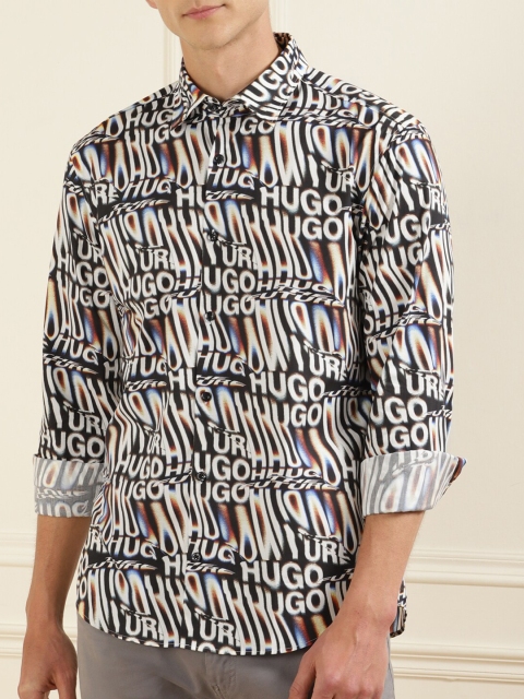 

HUGO Men Black Brand Logo Printed Pure Cotton Regular Fit Casual Shirt