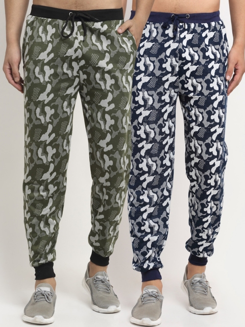 

VIMAL JONNEY Men Navy Blue & Olive Green Pack of 2 Printed Regular Fit Joggers