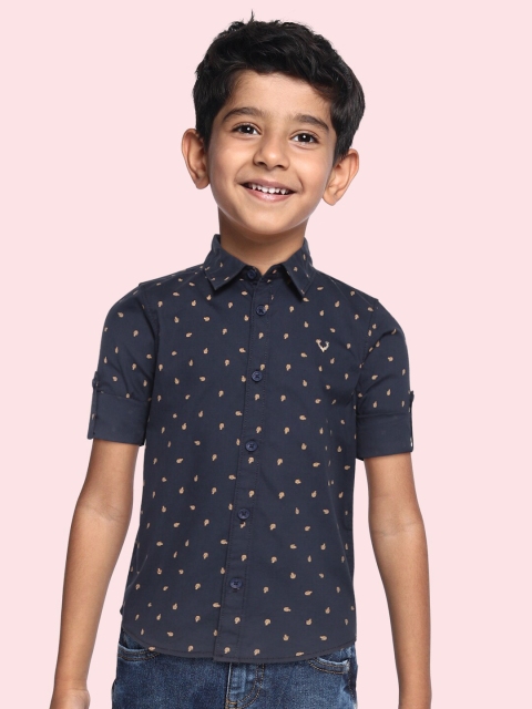 

Allen Solly Junior Boys Navy Blue & Mustard Yellow Ditsy Conversational Print Cotton Shirt