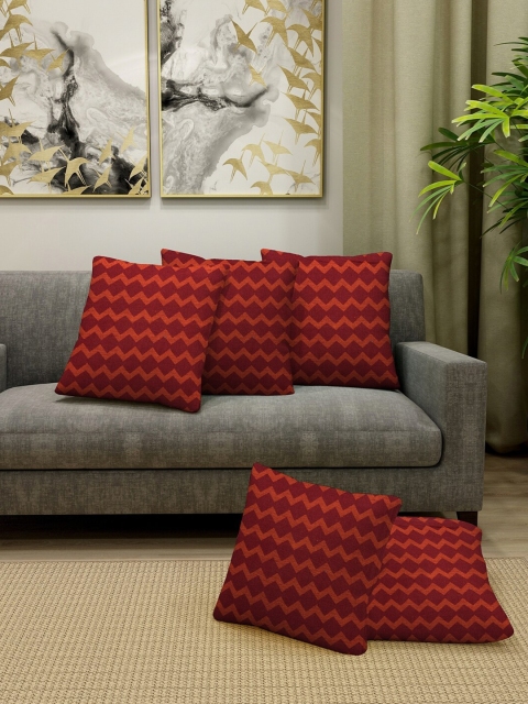 

KLOTTHE Maroon Set of 5 Geometric Square Cotton Cushion Covers