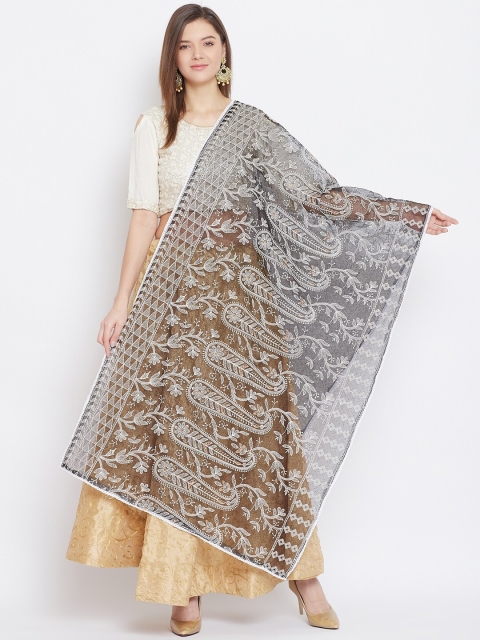 

Clora Creation Black & White Paisley Embroidered Dupatta with Chikankari