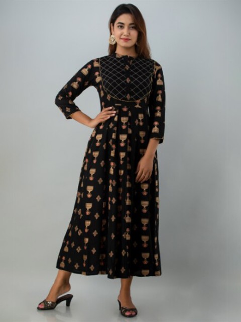 

GLAM ROOTS Black Ethnic Motifs Maxi Dress