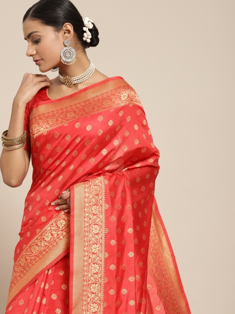 

BharatSthali Red & Gold-Toned Woven Design Zardozi Silk Blend Kanjeevaram Saree