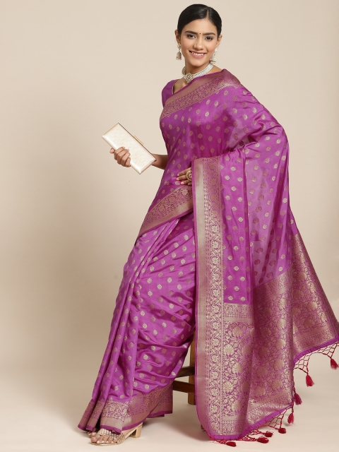 

BharatSthali Purple & Gold-Toned Woven Design Zardozi Silk Blend Kanjeevaram Saree