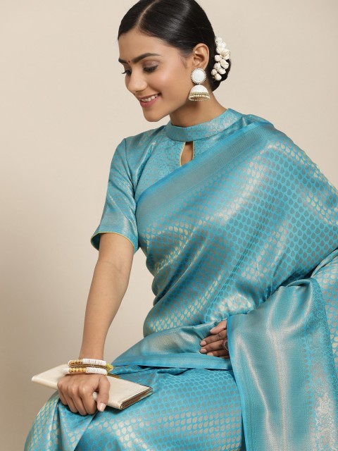 

BharatSthali Blue & Gold-Toned Woven Design Silk Blend Kanjeevaram Saree