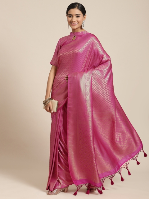 

BharatSthali Pink & Gold-Toned Woven Design Silk Blend Kanjeevaram Saree