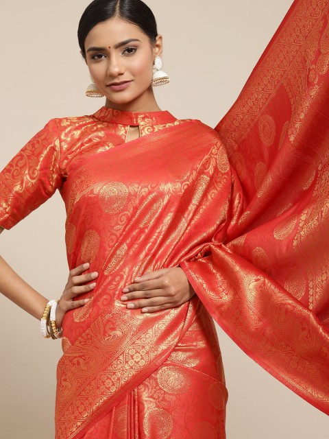 

BharatSthali Red Woven Design Zari Silk Blend Kanjeevaram Saree