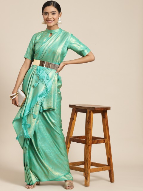 

BharatSthali Sea Green Woven Design Zari Silk Blend Kanjeevaram Saree