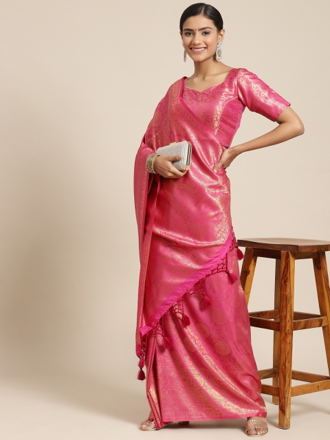 

BharatSthali Pink & Gold-Toned Woven Design Silk Blend Kanjeevaram Saree