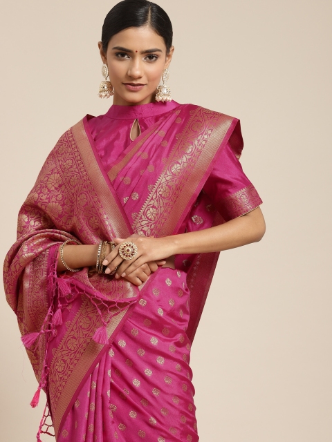 

BharatSthali Magenta & Gold-Toned Woven Design Zardozi Silk Blend Kanjeevaram Saree