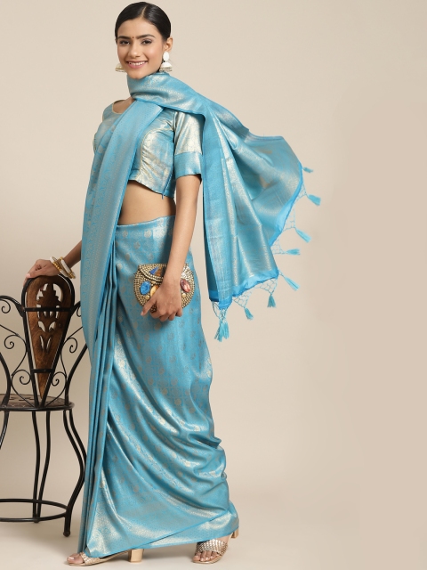 

BharatSthali Blue & Gold-Toned Woven Design Silk Blend Kanjeevaram Saree