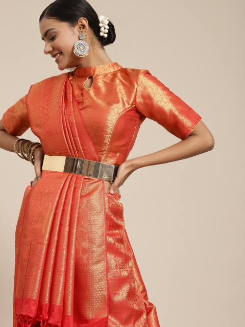 

BharatSthali Red & Gold-Toned Woven Design Silk Blend Kanjeevaram Saree