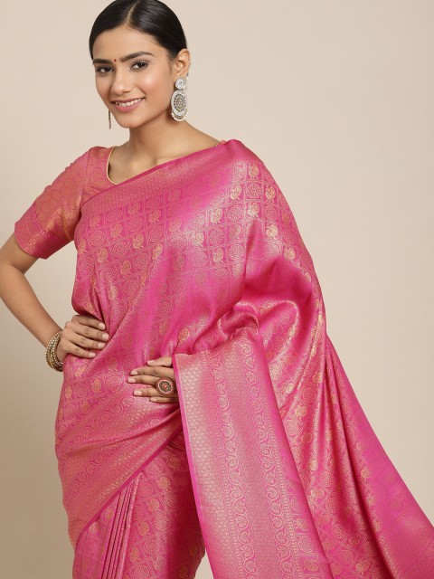 

BharatSthali Magenta & Gold-Toned Woven Design Zardozi Silk Blend Kanjeevaram Saree