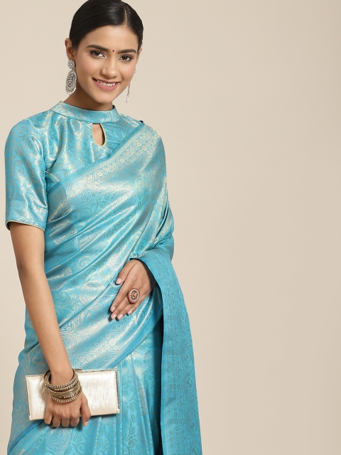 

BharatSthali Blue & Gold-Toned Woven Design Silk Blend Kanjeevaram Saree