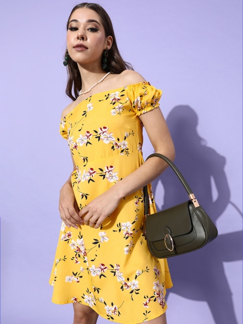 

STALK Women Stylish Mustard Floral Sun Dress