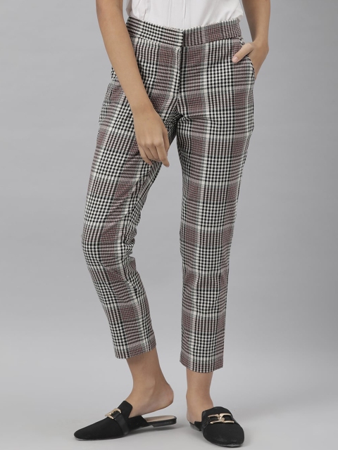 

RAREISM Women Off White & Brown Checked Tailored High-Rise Trousers