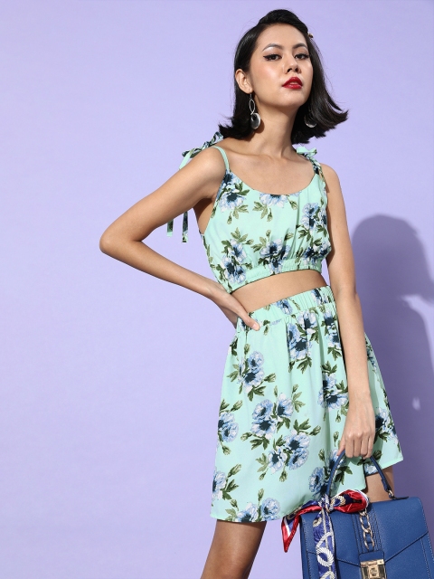 

STALK Women Gorgeous Green Printed Top with Skirt