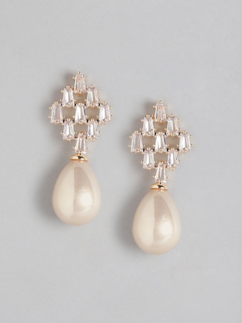

Blueberry Cream-Coloured Gold-Plated Stone Studded & Beaded Teardrop Shaped Drop Earrings