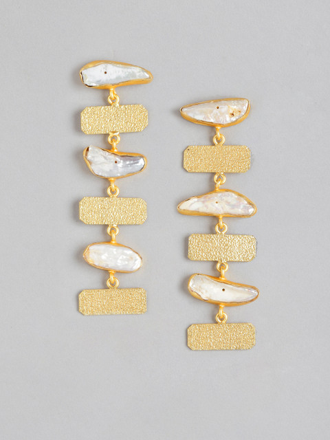 

Blueberry White Gold-Plated Stone Studded Hammered Contemporary Drop Earrings