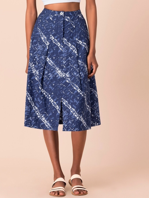

Earthen BY INDYA Women Blue & White Tie Dye Pleated Pure Cotton Midi Skirt