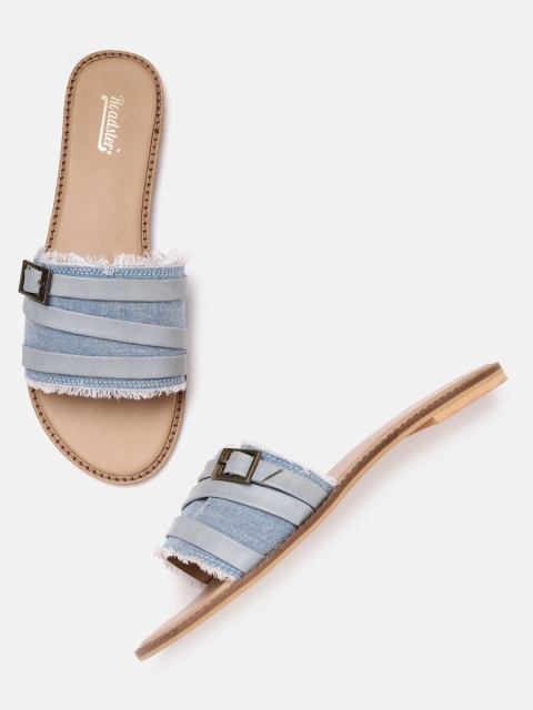 

Roadster Women Blue Washed & Fringed Buckle Denim Handcrafted Open Toe Flats