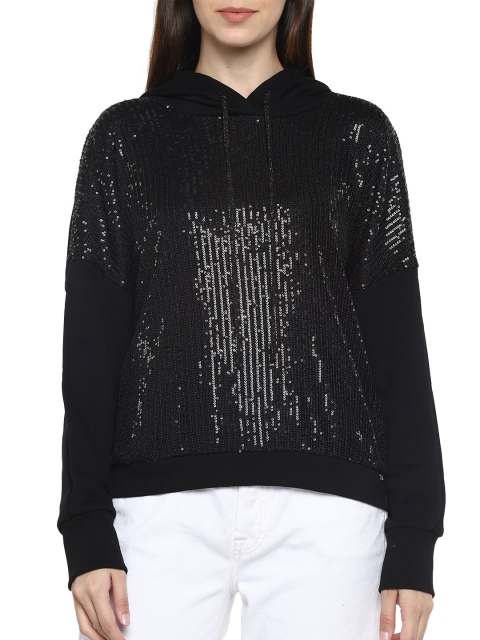 

Rinascimento Women Black Sequined Embellished Hooded Sweatshirt