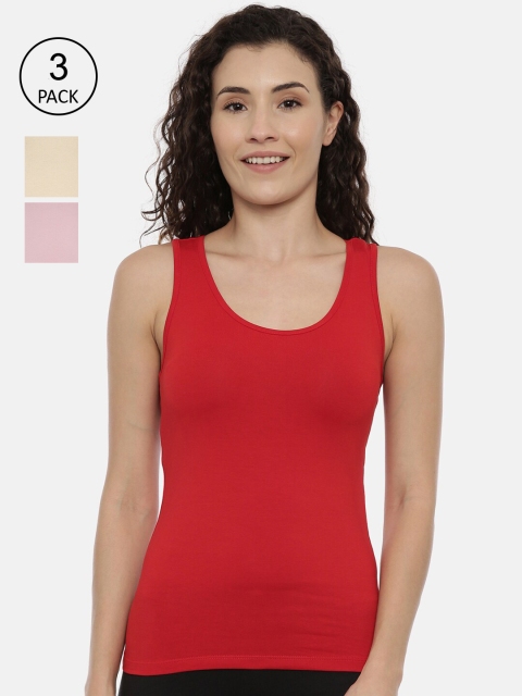 

GOLDSTROMS Women Pack of 3 Red & Pink Solid Pure Cotton Tank Top
