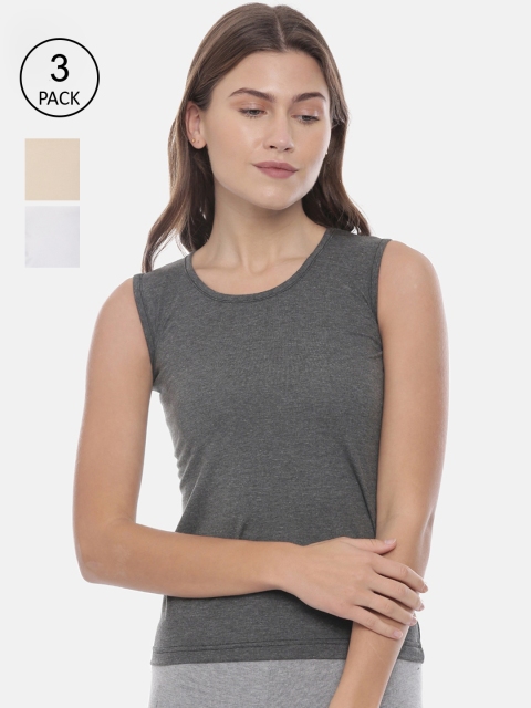 

GOLDSTROMS Women Pack Of 3 Beige & White Solid Cotton Camisoles
