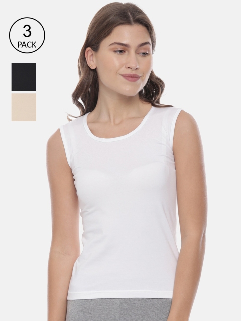 

GOLDSTROMS Women White & Black Pack Of 3 Solid Cotton Camisoles