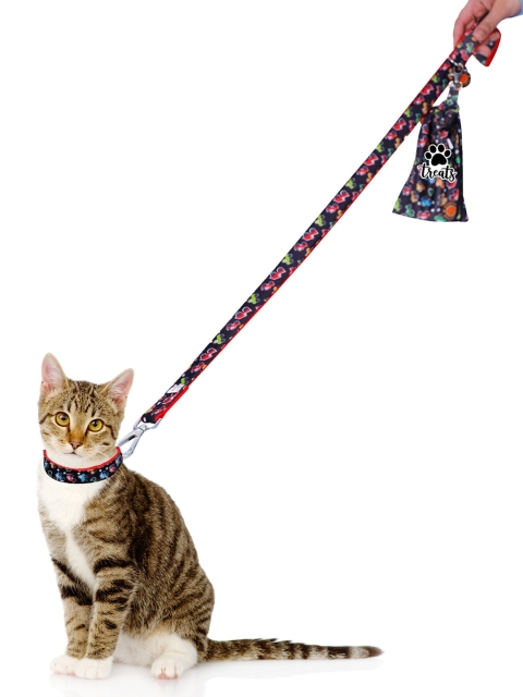 

Dchica Paws Black & Red Printed Leash & Treat Pouch For Cats