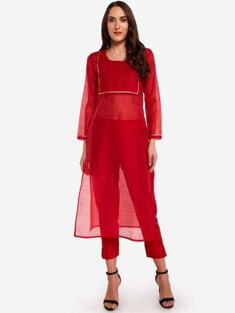 

Desi Weavess Women Red High Slit Kurti with Trousers