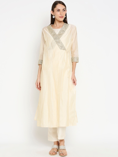 

Desi Weavess Women Off White Yoke Design Angrakha Kurta with Trousers & With Dupatta