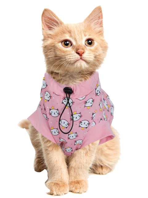 

Dchica Paws Pink & White Printed Cotton Cat Tshirts