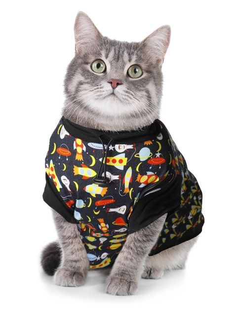 

Dchica Paws Black & Red Printed Cotton Cat T-Shirt