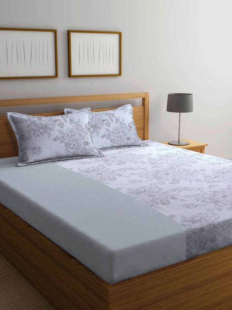 

KLOTTHE Grey & White Floral 210 TC King Bedsheet with 2 Pillow Covers