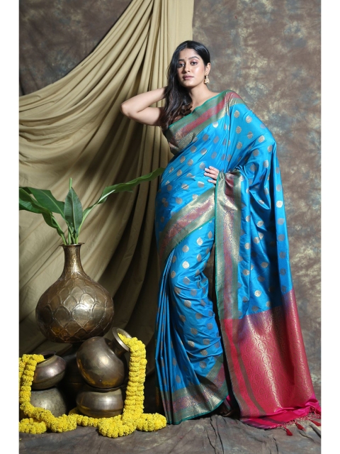 

Charukriti Blue & Pink Ethnic Motifs Zari Pure Silk Banarasi Saree